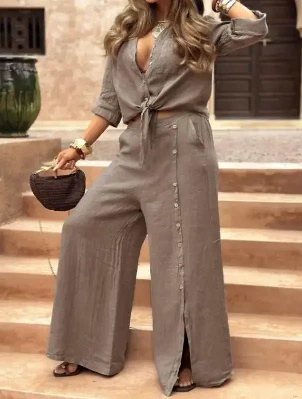 2026 Women's Solid Color Long-Sleeved Pocket Button Top and Wide-Leg Pants 2-Piece Set Aurexia off