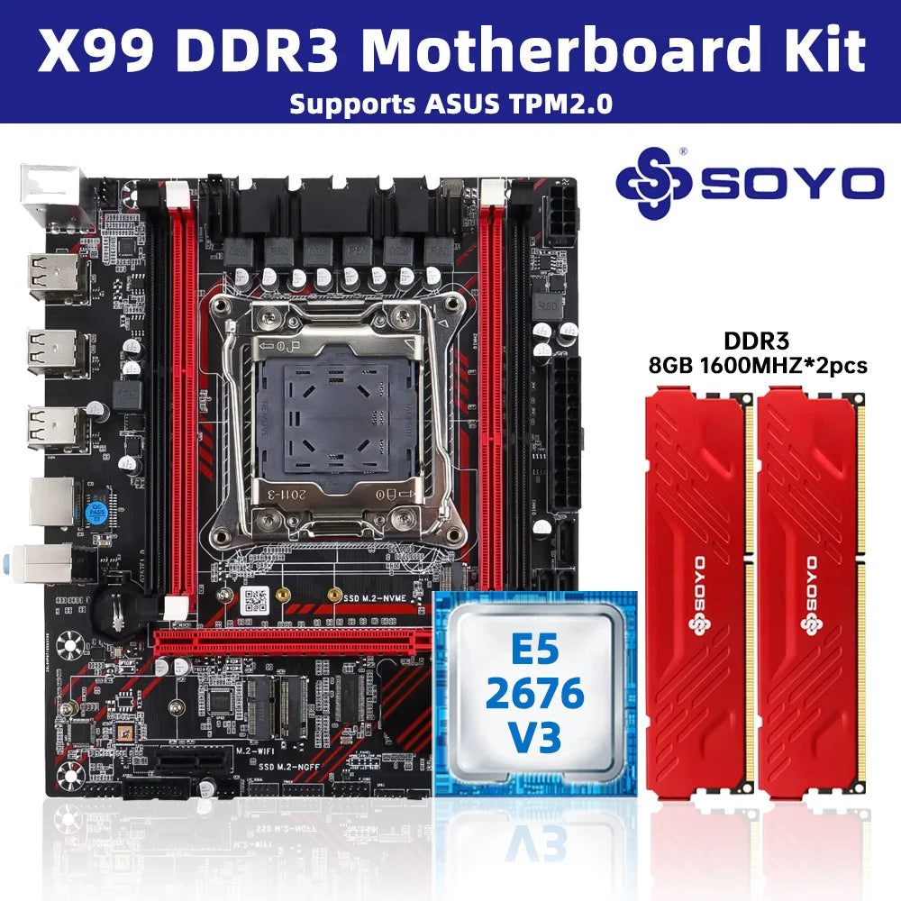 SOYO X99 Motherboard Set Kit With Intel LGA2011-3 Xeon E5 2676 V3 and DDR3 16GB (2*8GB) 1600MHz Dual Channel RAM M.2 NVME Aurexia off