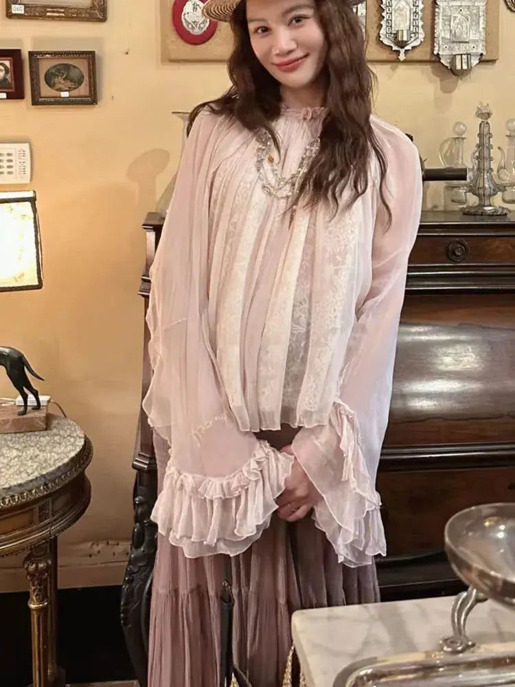 Lace ruffled loose top, stylish and high-end, versatile pink tops for women in 2026 summer collection Aurexia off
