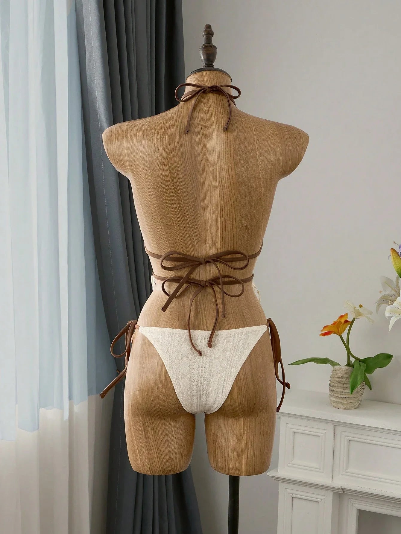 Cream Lace Halter Neck Tankini Set With Beaded Detail And Tie Side Bottoms Aurexia off
