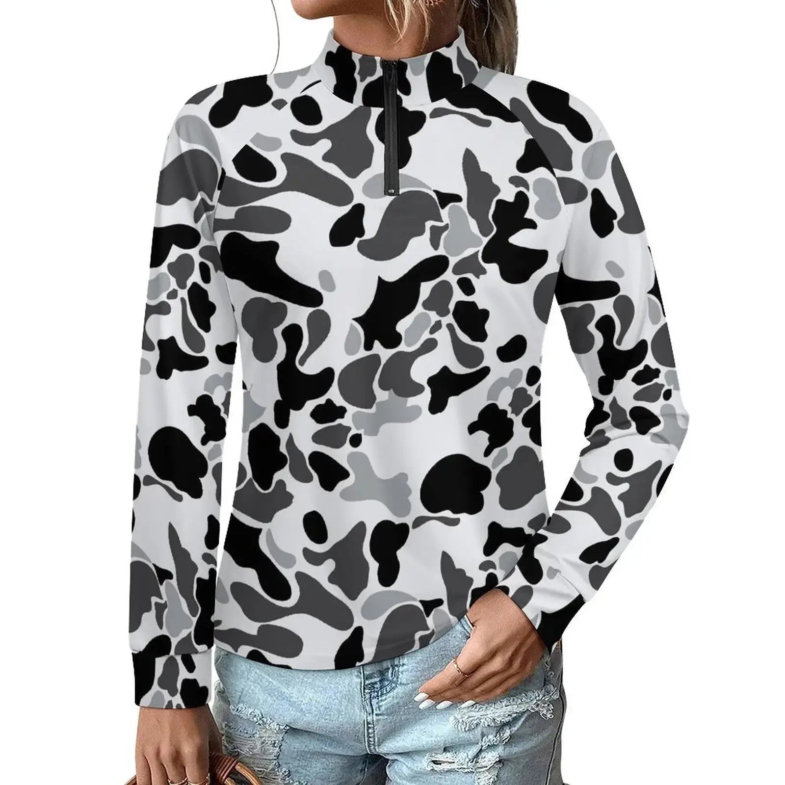 Hot Sale Custom Logo Fashion Ladies Form-fitting quick-drying clothes Snow Camo Print Zippered collar Long sleeves T-shirt Aurexia off