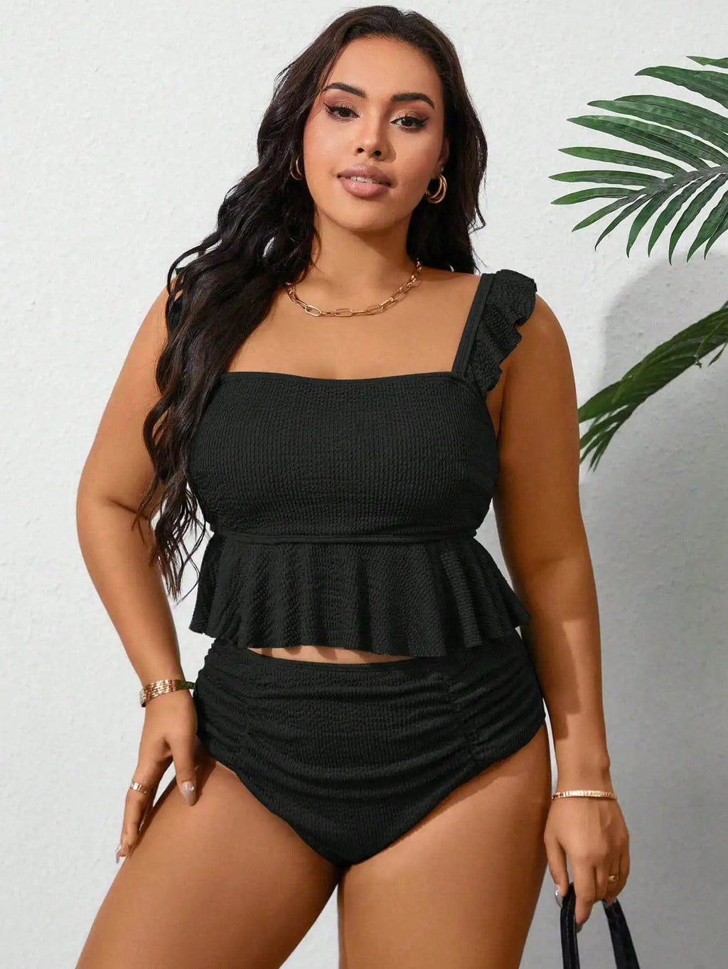 Black Ruffled Peplum Bikini Set With Square Neck And High Waist Aurexia off