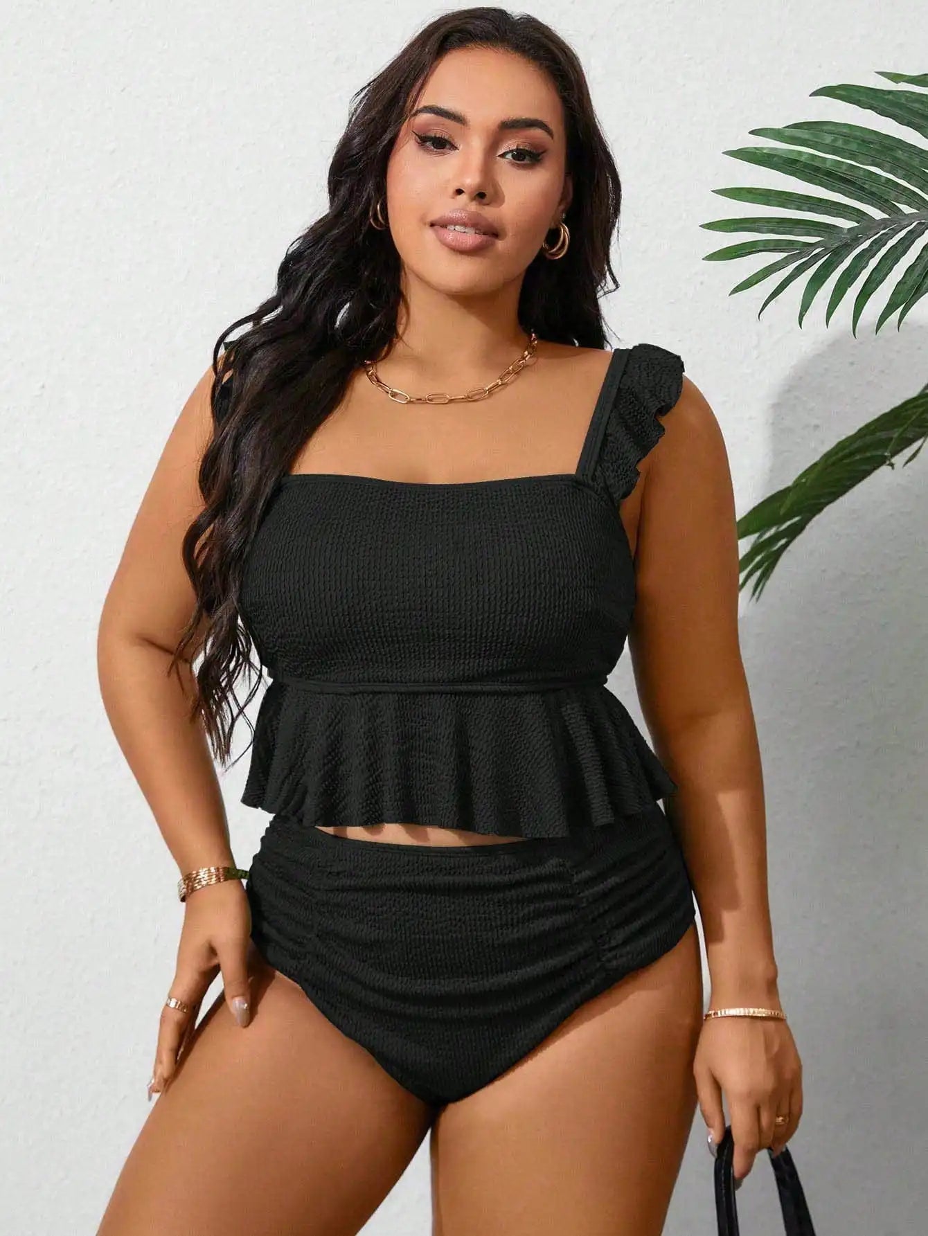 Black Ruffled Peplum Bikini Set With Square Neck And High Waist Aurexia off