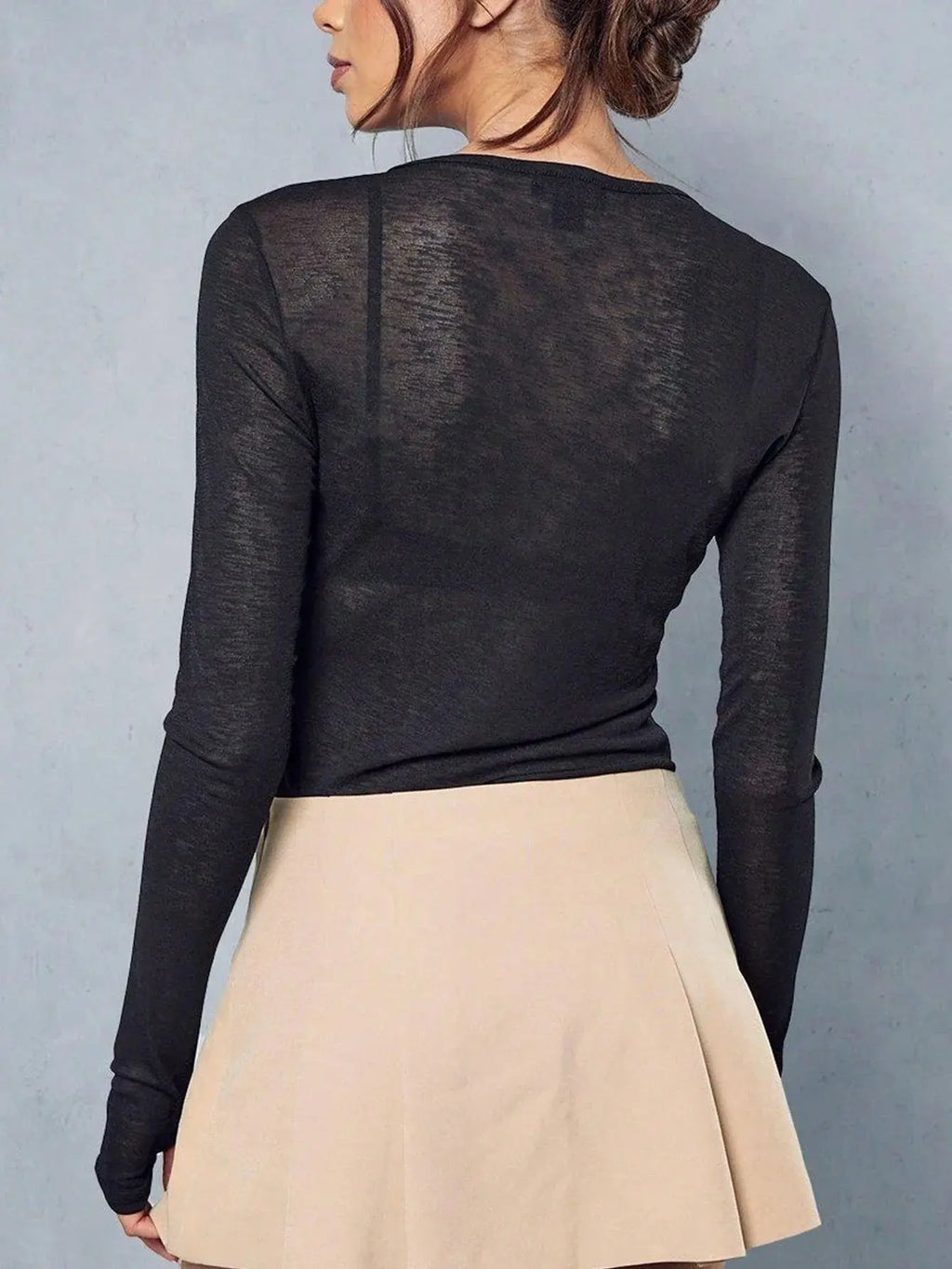 Sheer Long Sleeve Crew Neck Fitted Top Casual Black Spring Aurexia off