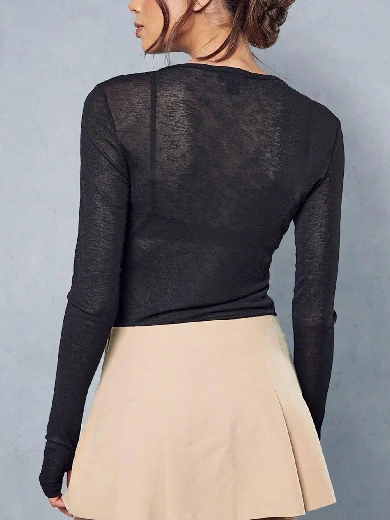 Sheer Long Sleeve Crew Neck Fitted Top Casual Black Spring Aurexia off