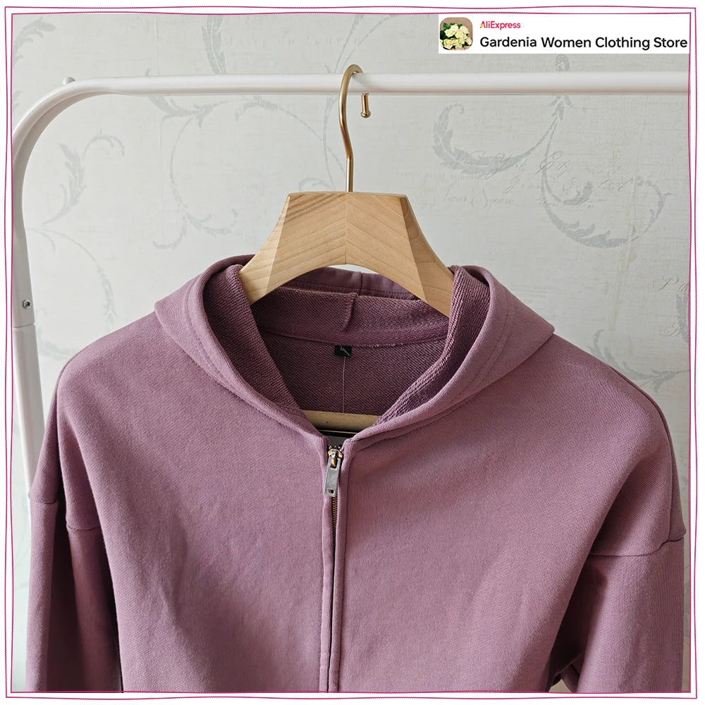 Spring & Autumn Matching Sets for Women Relaxtion Cotton Hoodies Set Cropped Zipper Hoodie + Tonal Straight Leg Drawstring Pants Aurexia off