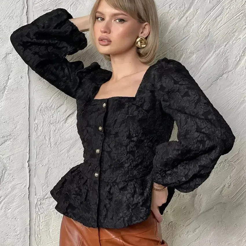 Ladies Elegant Jacquard Square Neck Puff Sleeve Blouse, Button Front Peplum Top for Party, Office and Daily Wear Aurexia off