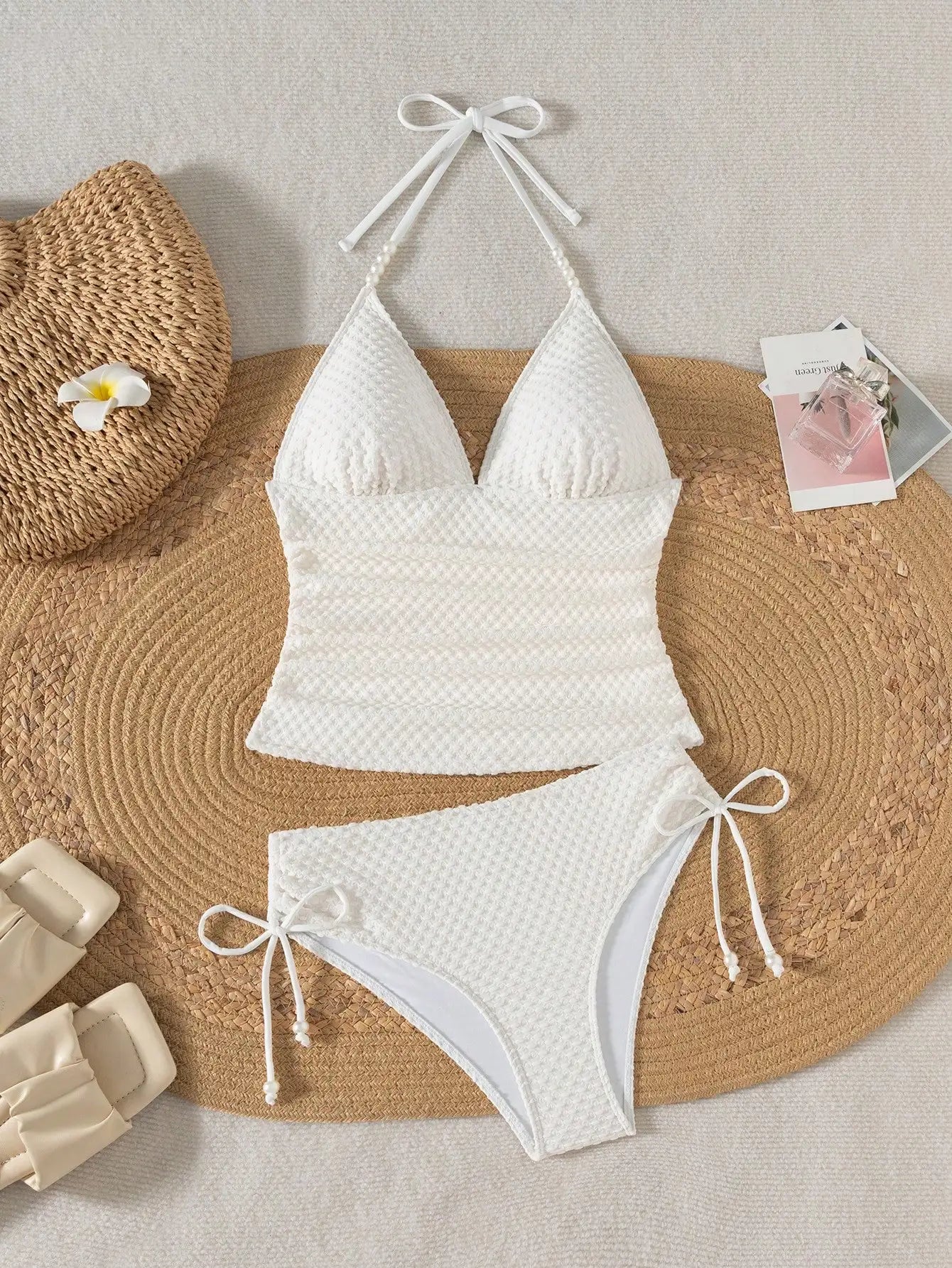 Women White Knitted Jacquard Beaded Drawstring Halter Neck Bikini Set Aurexia off