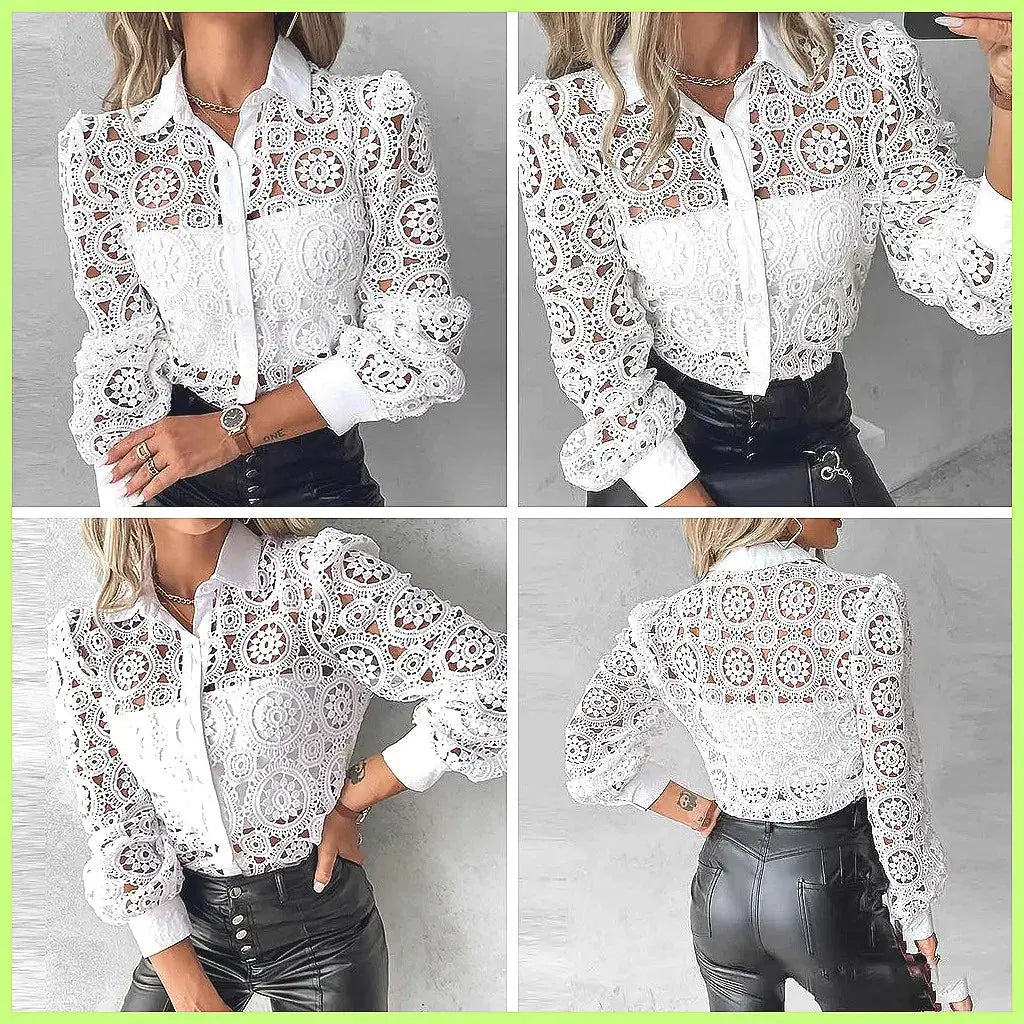 2025 Women's White Lace Shirt, Elegant Hollow Out Vintage Top Long Sleeve Blouse Aurexia off