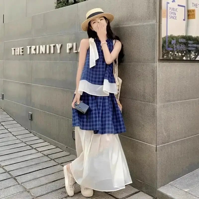 Women's Blue Plaid Two Piece Set Sleeveless Halter Top with Tulle Skirt Casual Loose Summer Outfit Beach Vacation Bohemian Suit Aurexia off