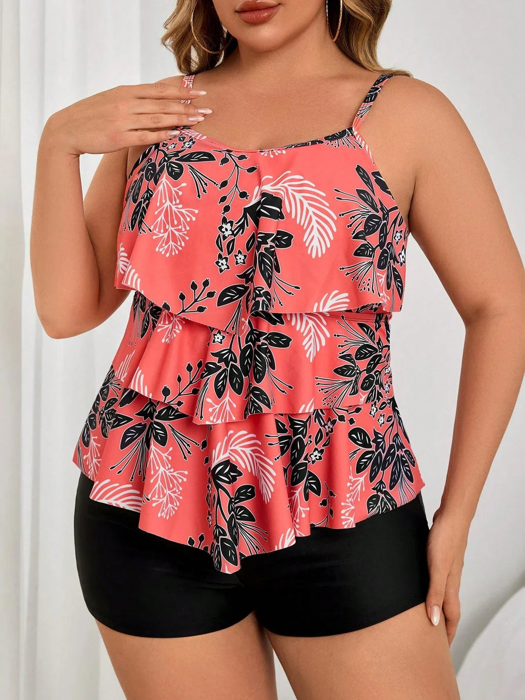 Coral Floral Print Ruffle Layered Crop Top With Solid Black Boyshorts Two Piece Plus Size Swimwear Set Aurexia off