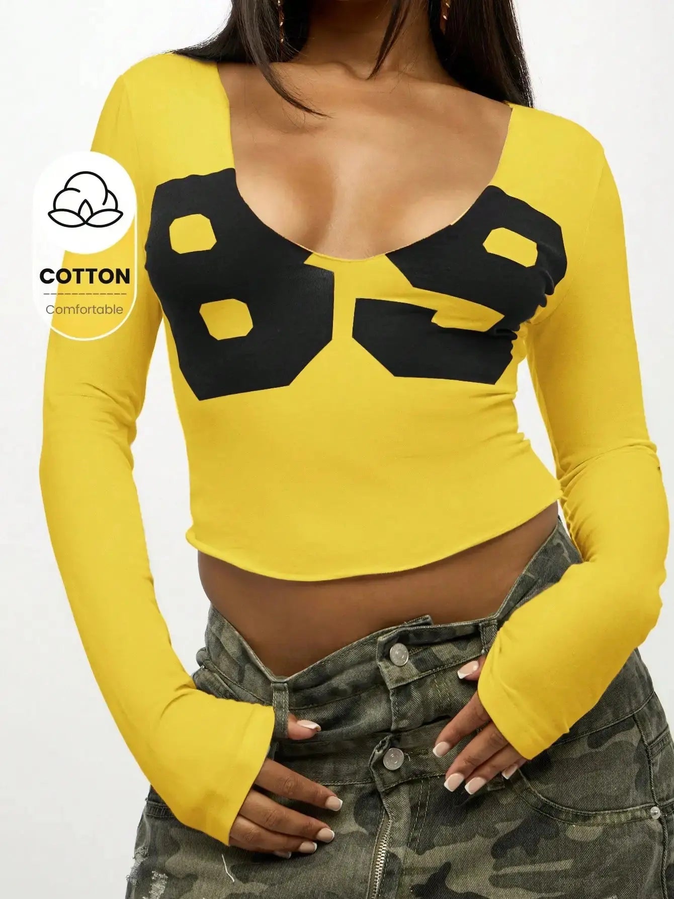 Women Long Sleeve Crop Top Graphic Print V Neck Fitted Cotton Casual Tee Aurexia off