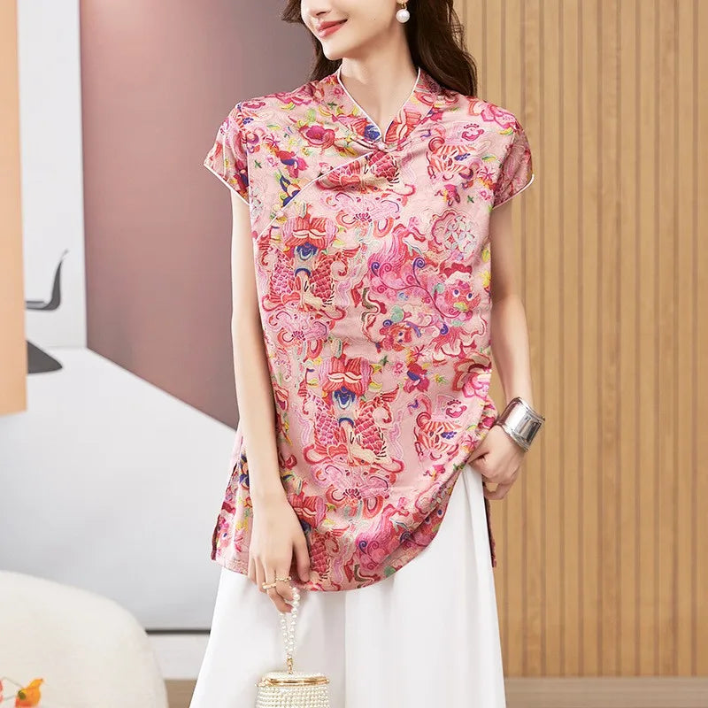 Women's Blouse Short Sleeve Round Neck Top Mandarin Collar Tunic Geometric Print Loose Fit Mid Length Gold Brown Shirt Aurexia off