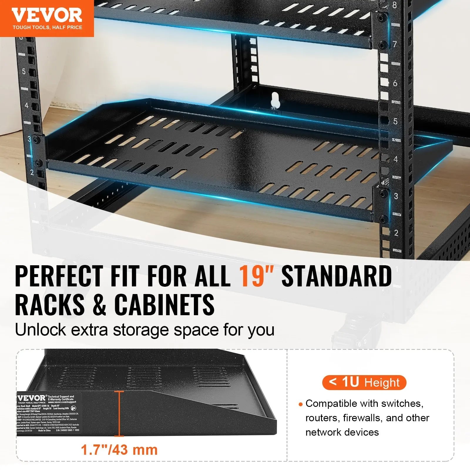 2PCS 1U Server Rack Shelf Depth Vented Rack Mount Shelf Tray Aurexia off