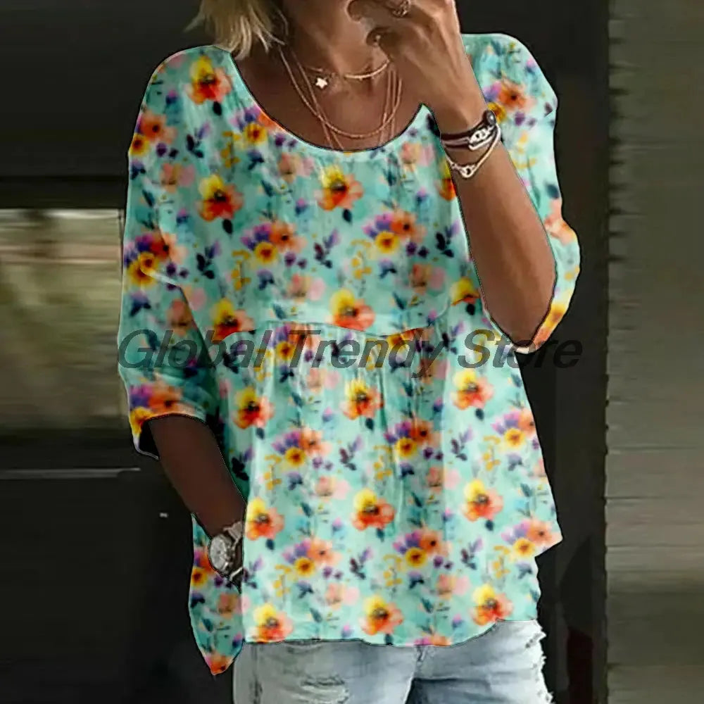 Women's Casual Floral Print 3/4 Sleeve Blouse Loose Fit Crew Neck Tunic Tops Lady's Top Shirts Aurexia off