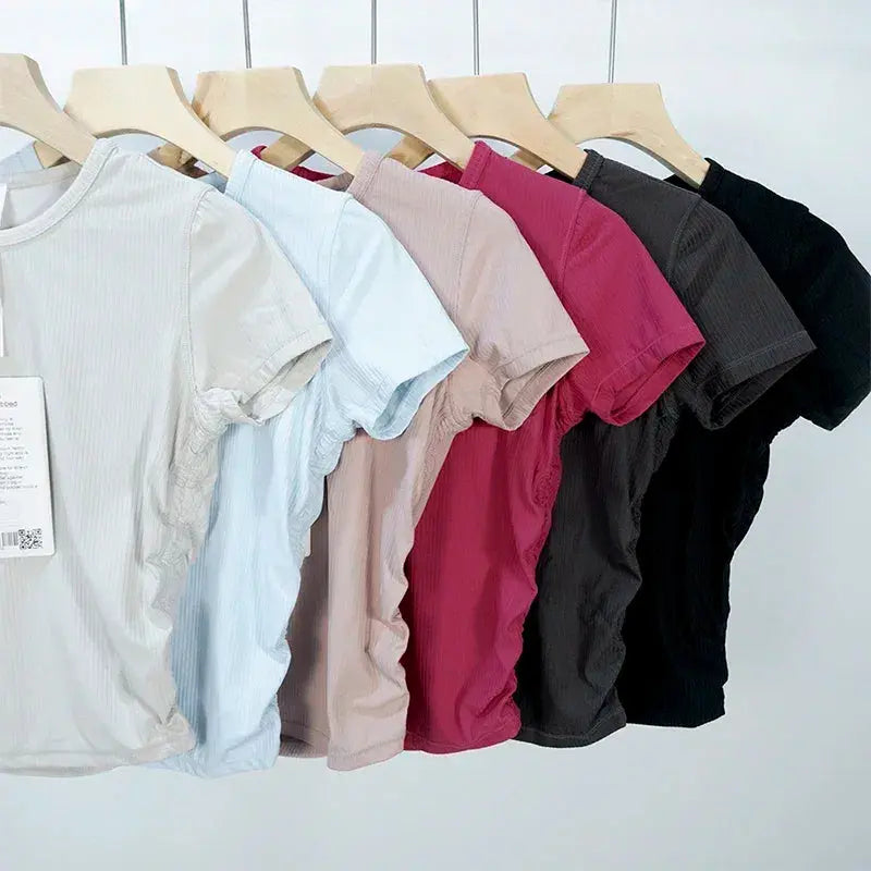 Ribbed Tight Shirt Sexy Waist Shaping Cropped Top Short Sleeve Shirts Women Gym T-shirt Breathable Yoga Clothes Aurexia off