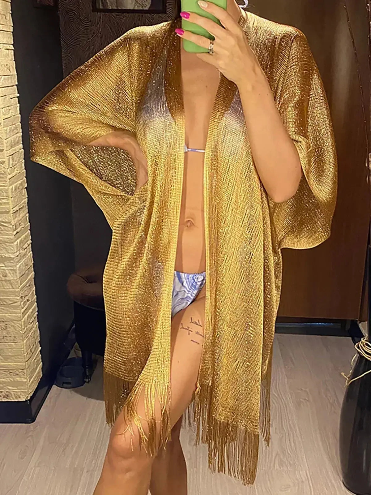 Tassel Gold Bikini Cover Up Sexy Beach Dress Tunics for Women Beachwear Summer cover-ups kaftan Evening Dress Shawls Aurexia off