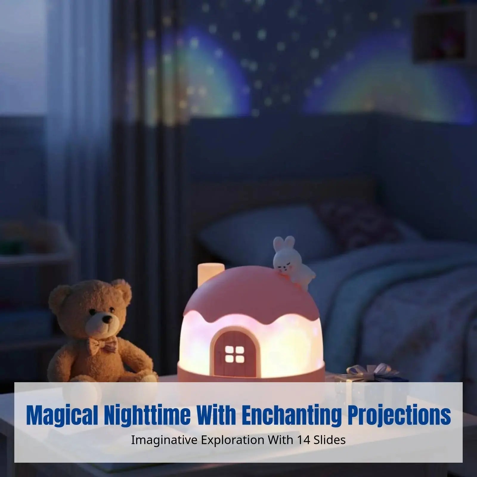 Cartoon Bunny Star Projector, Night Light Music Box for Kids, Rotating Galaxy Lamp, Girls Bedroom Ceiling, Timer Aurexia off