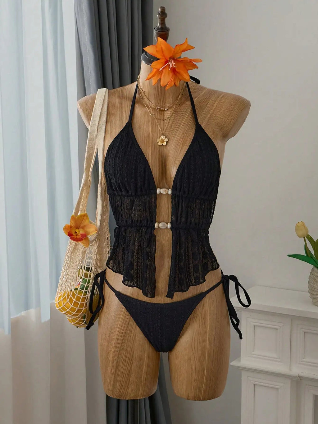 Cream Lace Halter Neck Tankini Set With Beaded Detail And Tie Side Bottoms Aurexia off
