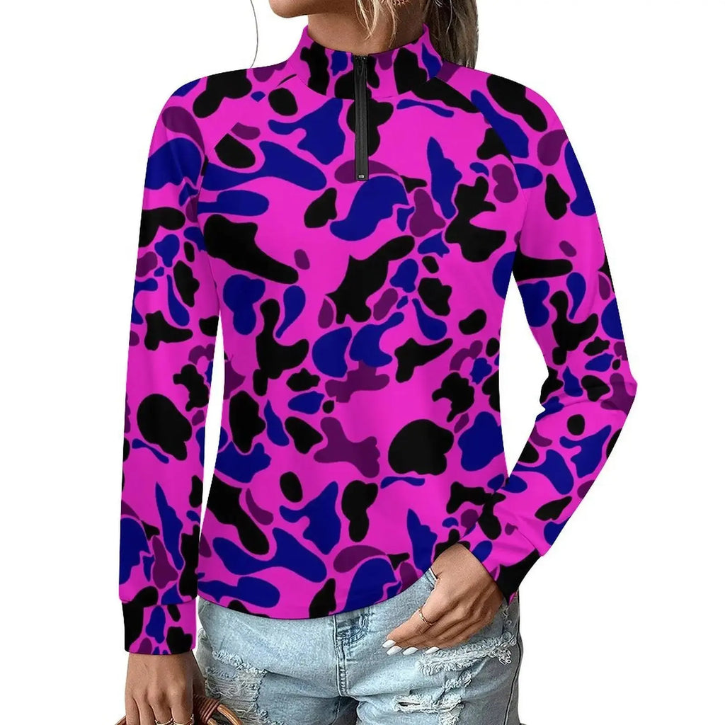 Hot Sale Custom Logo Fashion Ladies Form-fitting quick-drying clothes Snow Camo Print Zippered collar Long sleeves T-shirt Aurexia off