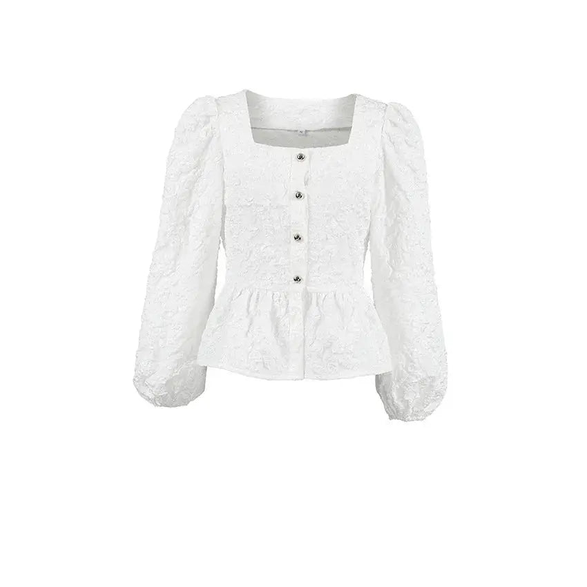Ladies Elegant Jacquard Square Neck Puff Sleeve Blouse, Button Front Peplum Top for Party, Office and Daily Wear Aurexia off
