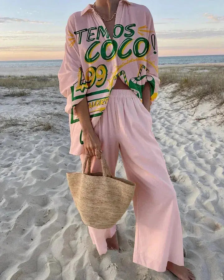 Funny Printed Loose Two Piece Set Women Tropical Beach Holiday Outfits 2024 Casual Lapel Button Shirt Wide Leg Pants Sets Aurexia off