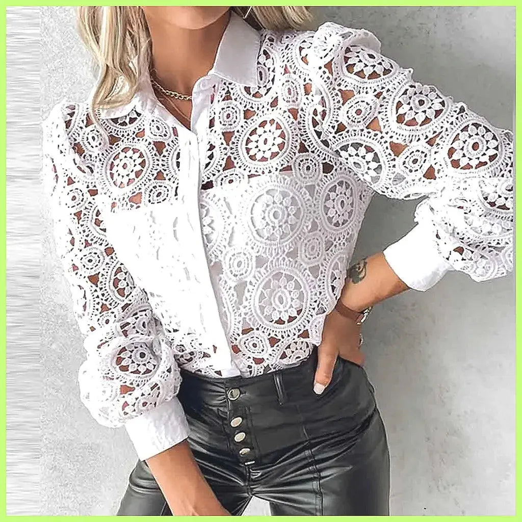 2025 Women's White Lace Shirt, Elegant Hollow Out Vintage Top Long Sleeve Blouse Aurexia off