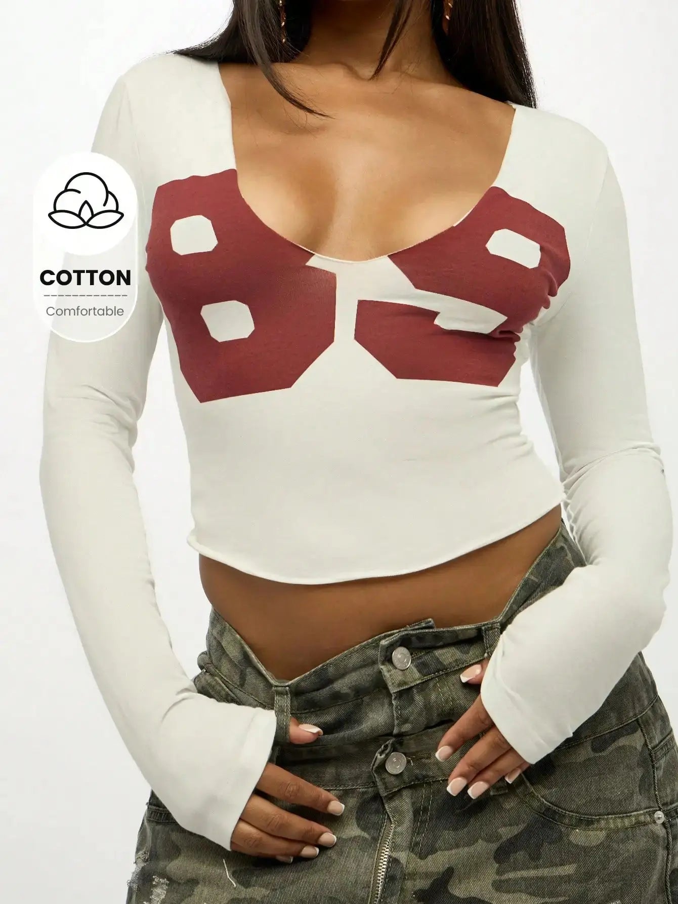 Women Long Sleeve Crop Top Graphic Print V Neck Fitted Cotton Casual Tee Aurexia off