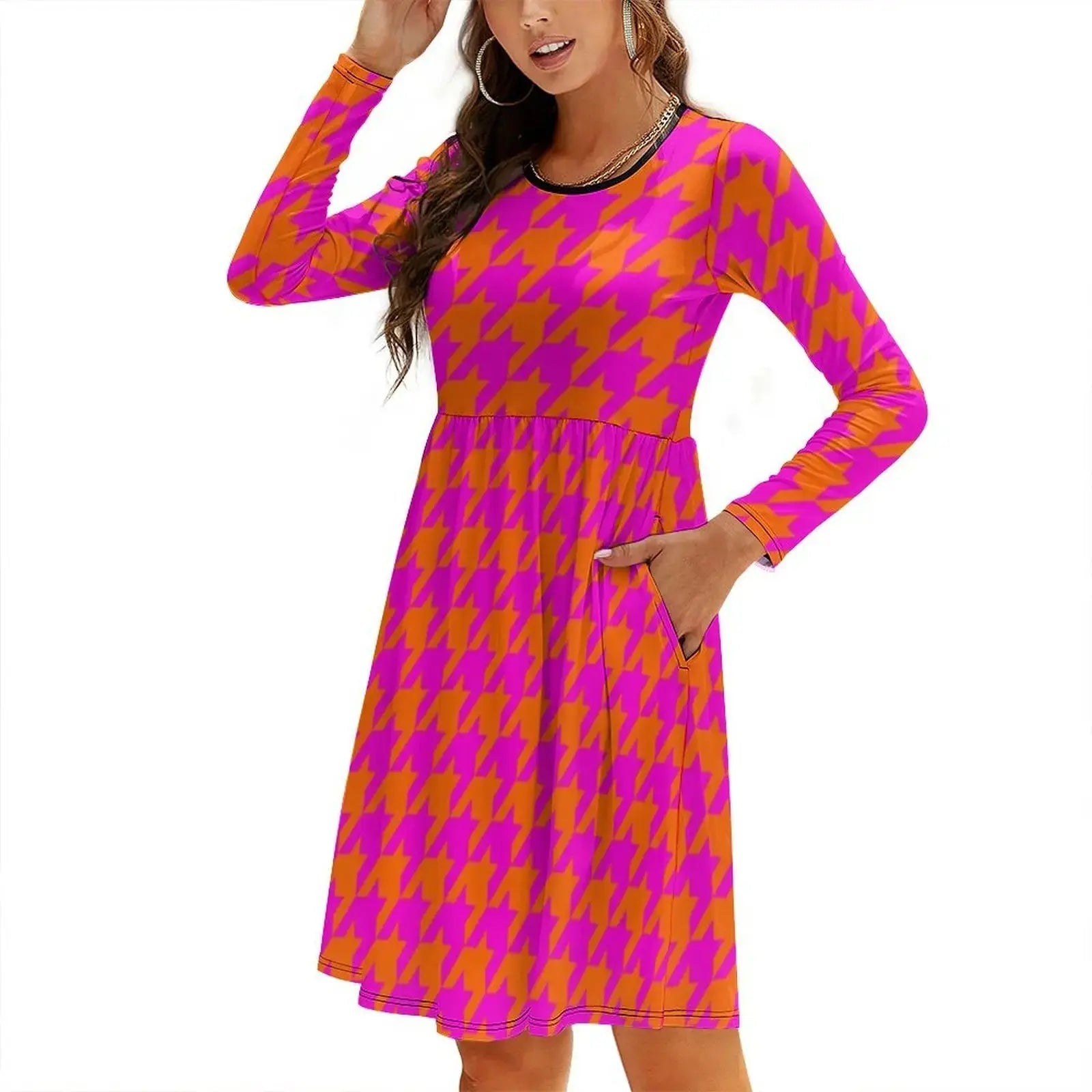 Pink & Orange Houndstooth Preppy Style Mini Dress For Women A-Line Loose Fit Casual Day Dress Large Houndstooth Dogstooth Pink Aurexia off