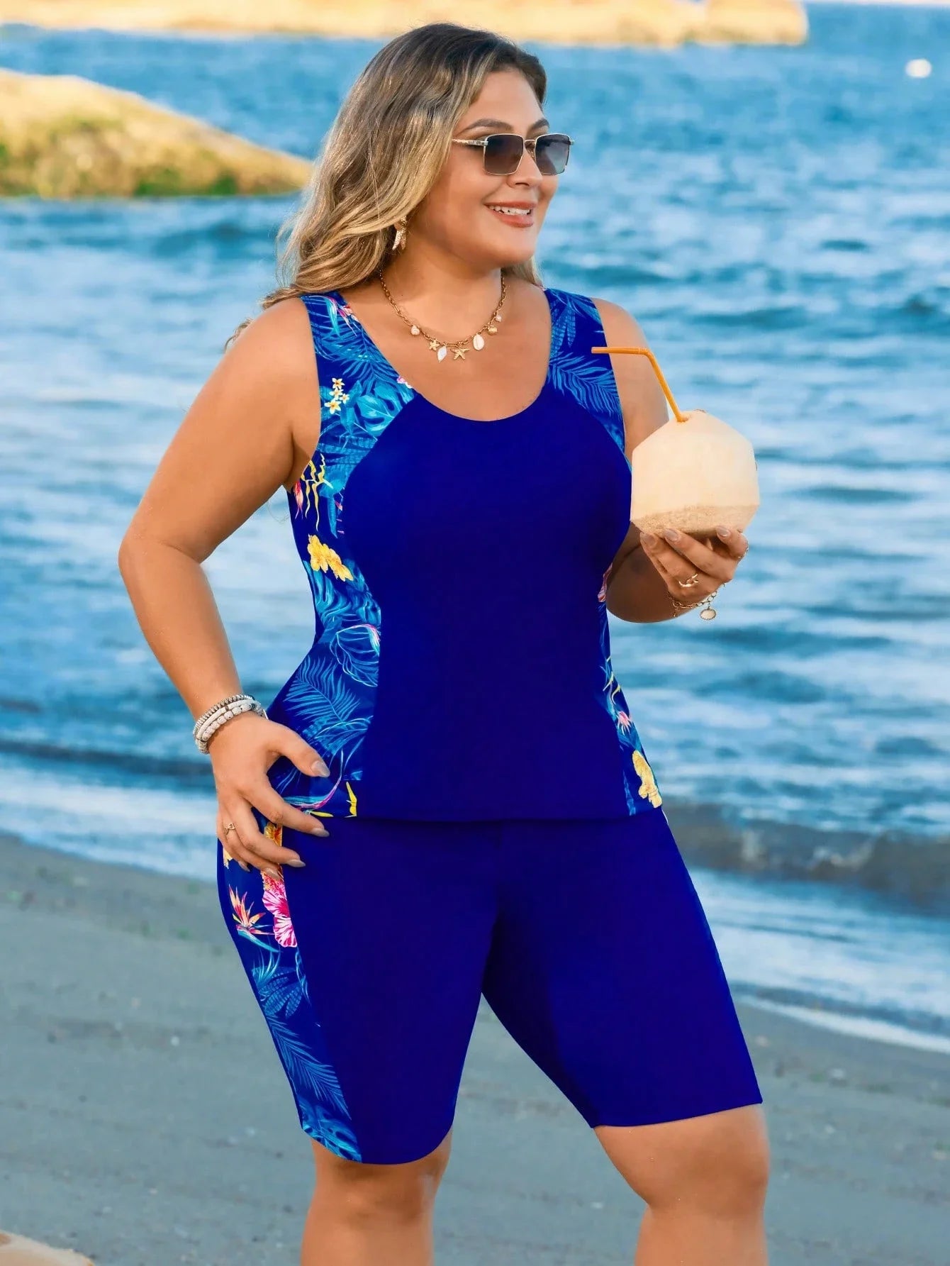 Curvy Women's Two-Piece Blue Swimsuit With Tummy Control Crop Top For Beach, Pool And Summer Activities Aurexia off