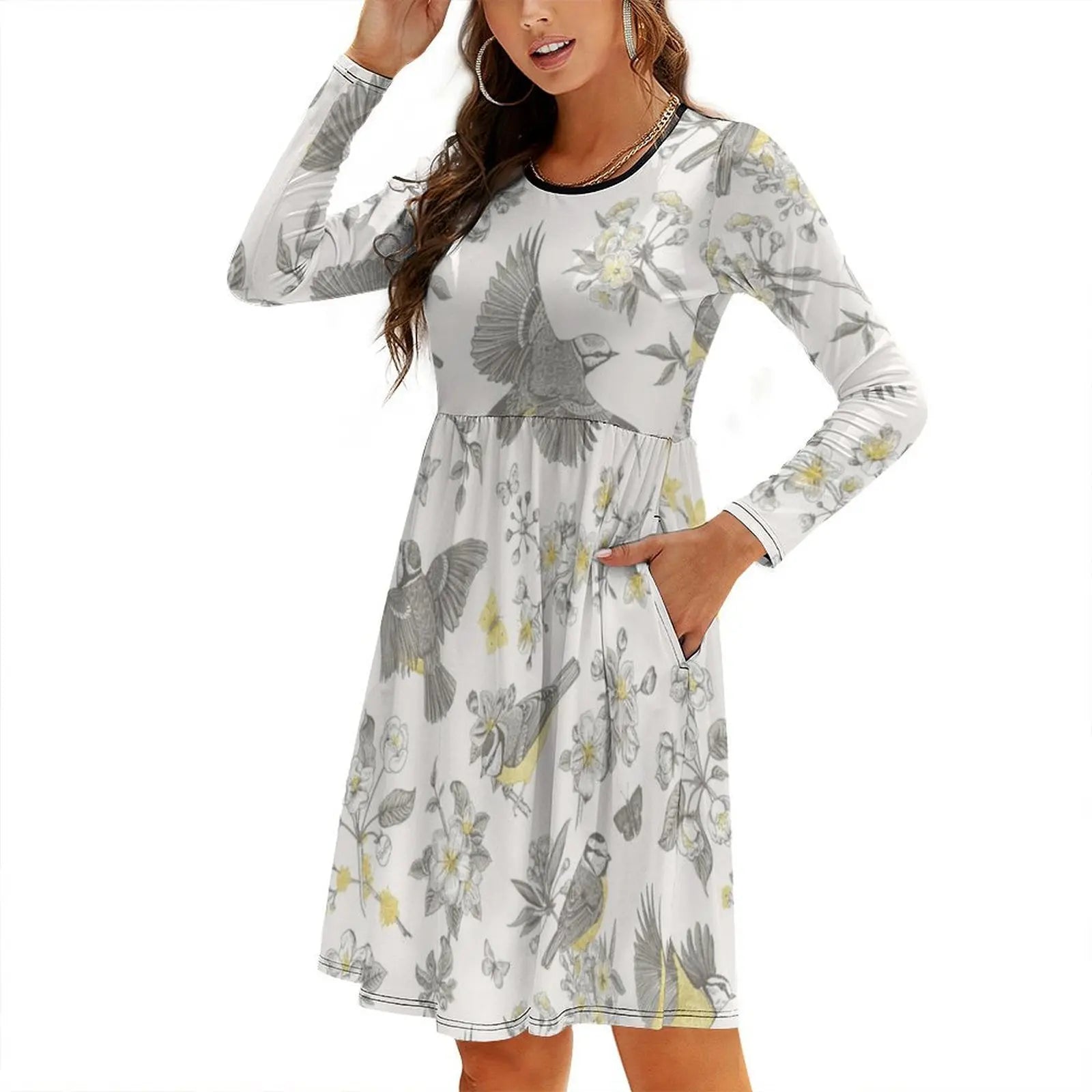 Vintage Yellow Grey Toile Birds French Country Women's Elegant Party Dress A-Line Dress With Short/Long/Sleeveless Options Aurexia off