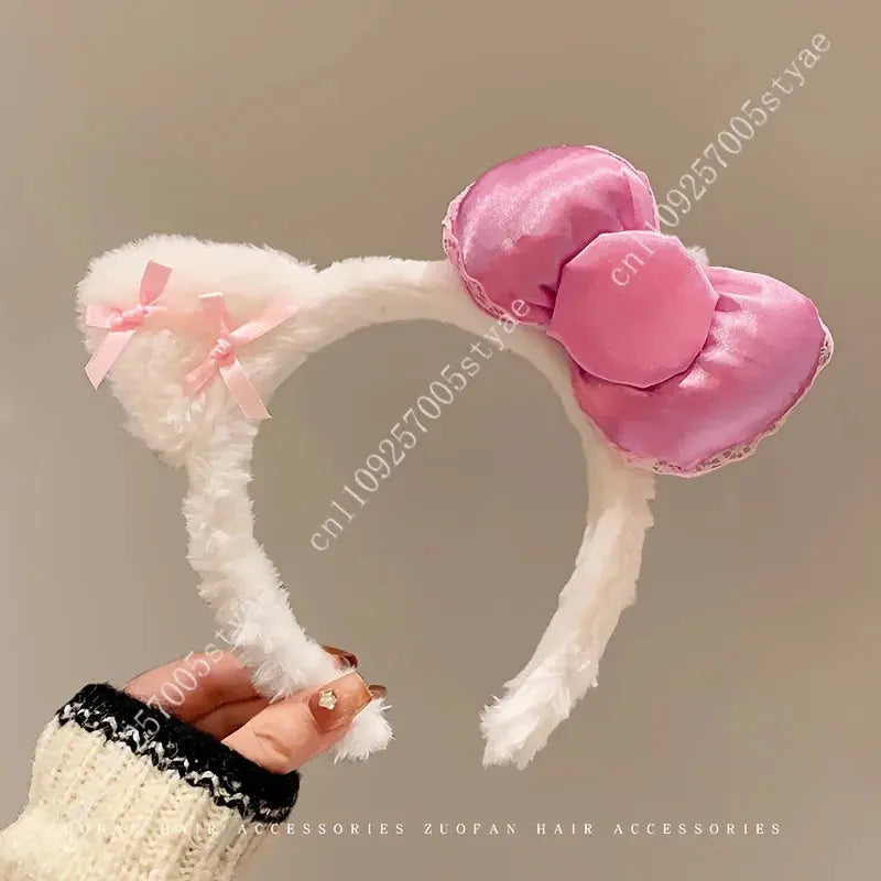 Hello Kitty Pink Bow Plush Headband  Women'S Cute and Comfortable Hair Accessory Suitable for Face Washing and Decoration Aurexia off