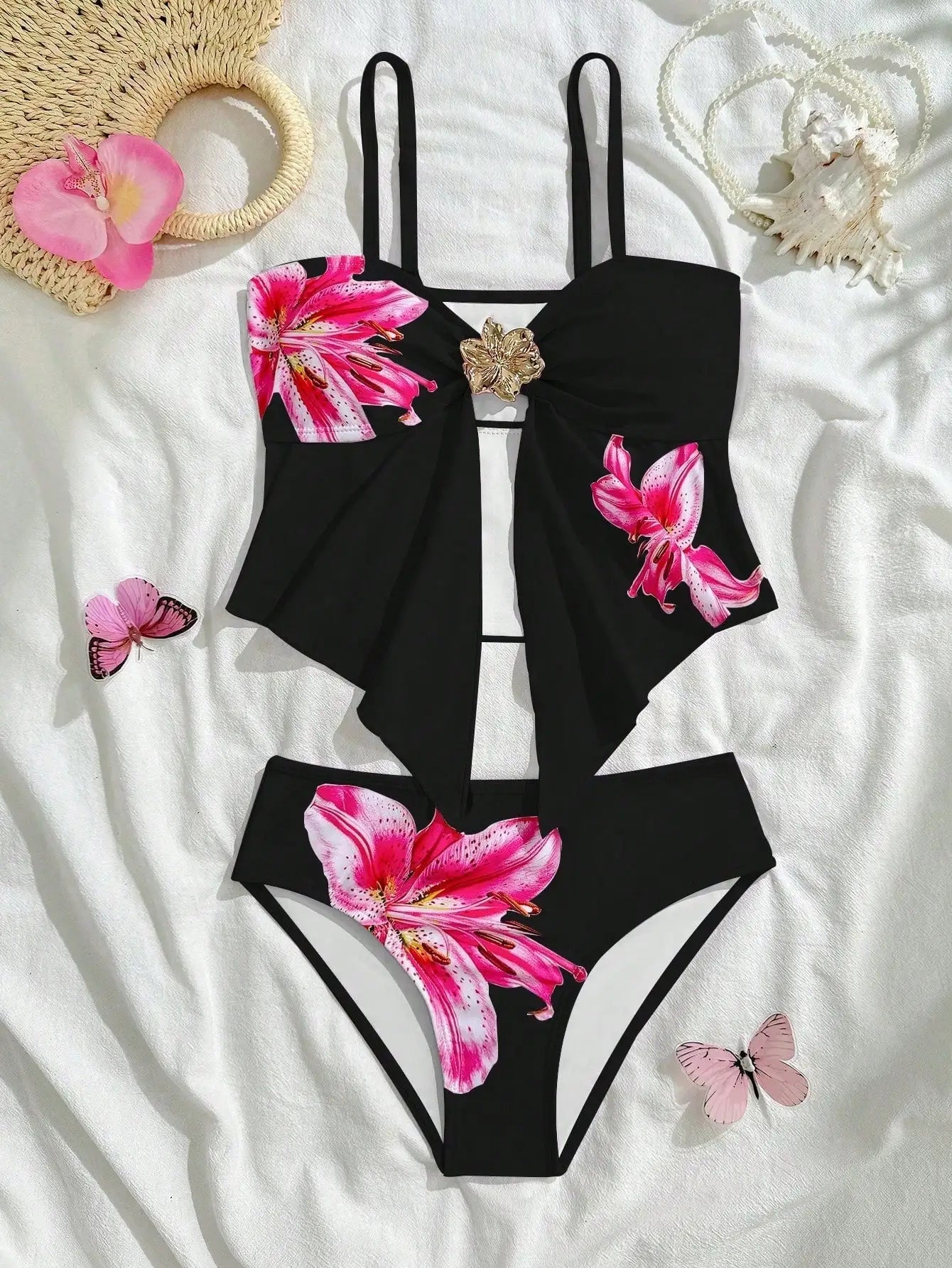 Pink Floral Print Bikini Set With Bow Detail Women's Two Piece Swimsuit For Beach And Pool Aurexia off