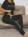 Sleep All Day Slogan Tee And Bow Front Lounge Pants Set Aurexia off