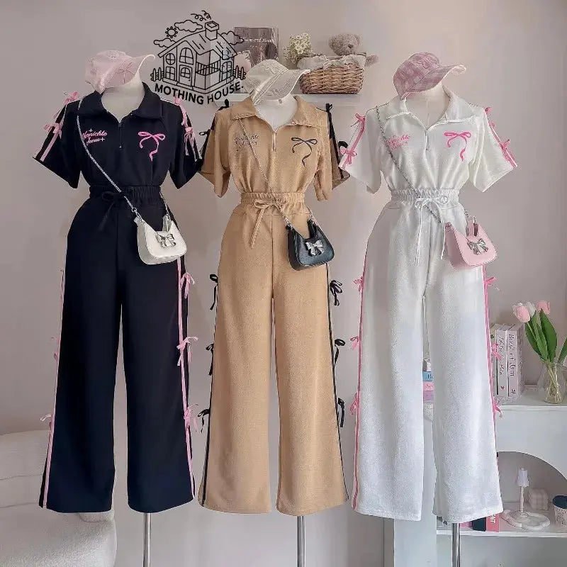Sweet Suit Women's Summer New Bow-tie Printed POLO Shirt Short-sleeved Wide-leg Trousers Two-piece Set Aurexia off