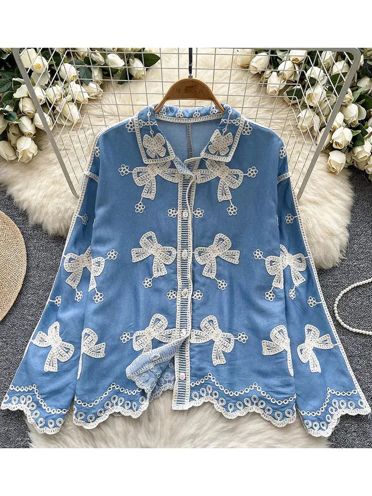 Women Spring Shirt Small Niche Retro Embroidered Single Breasted Casual Top Loose Fashionable Long Sleeved Shirt BL121 Aurexia off