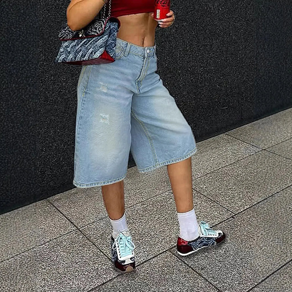 Retro Trend Ripped Denim Shorts Women's Fashion Loose Straight Five-Point Pants Aurexia off