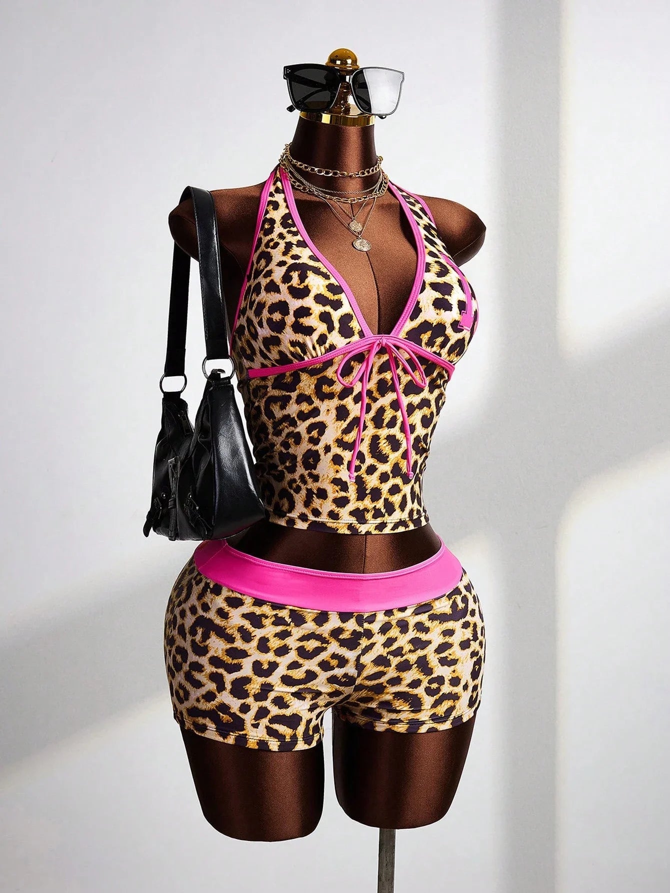 Leopard Print Halter Tankini Set With Pink Trim Cheeky Shorts Festival Beach Swimwear Aurexia off