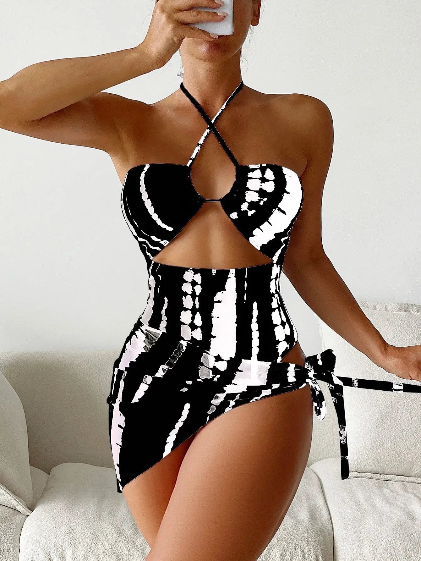 Abstract Black White Tie Dye Halter One Piece With Cutout Detail And Sheer Wrap Skirt Aurexia off