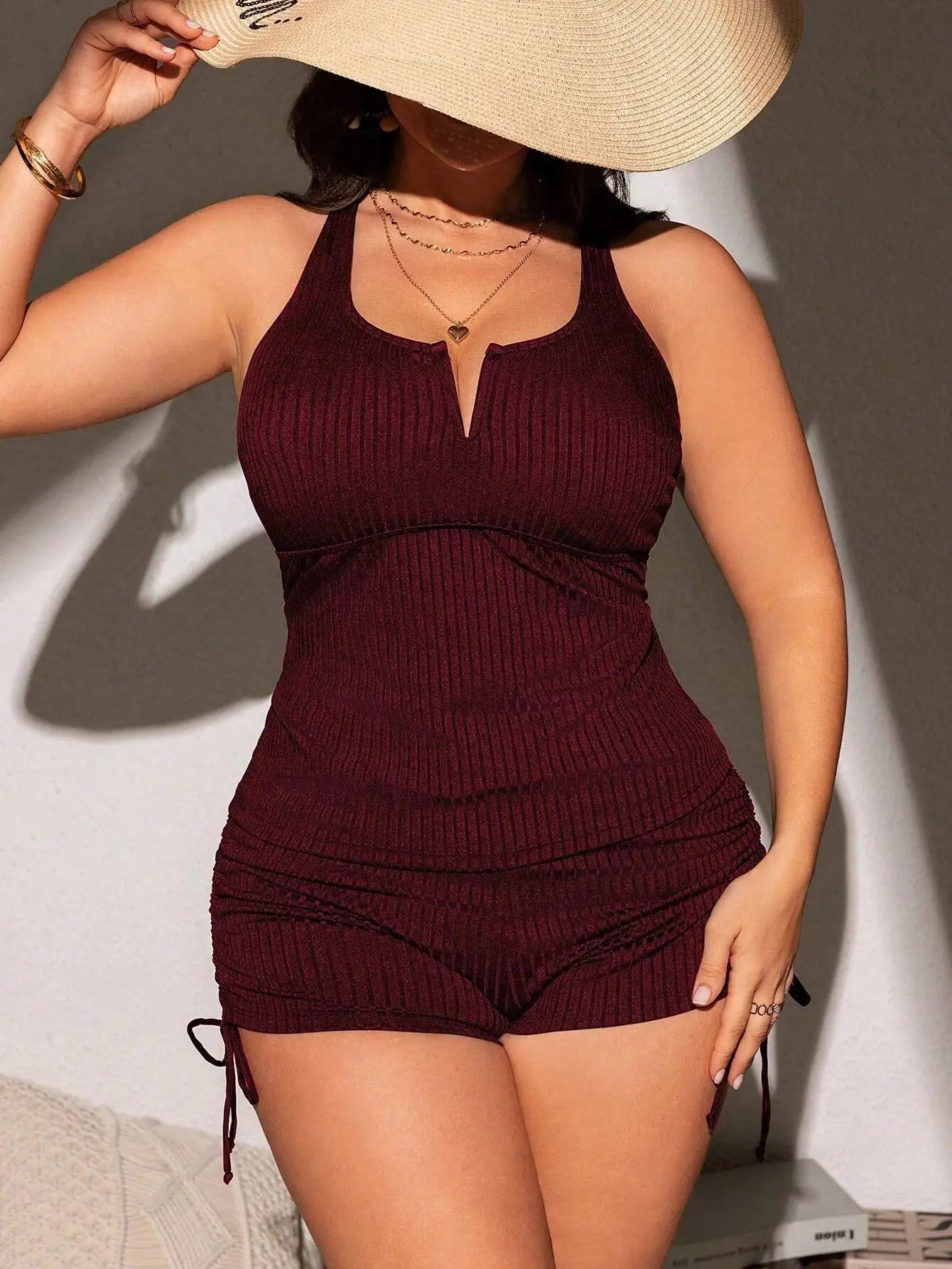 Plus Size Women Adjustable Spaghetti Strap Ribbed Knit 2 Piece Bikini Set For Beach Holiday Aurexia off