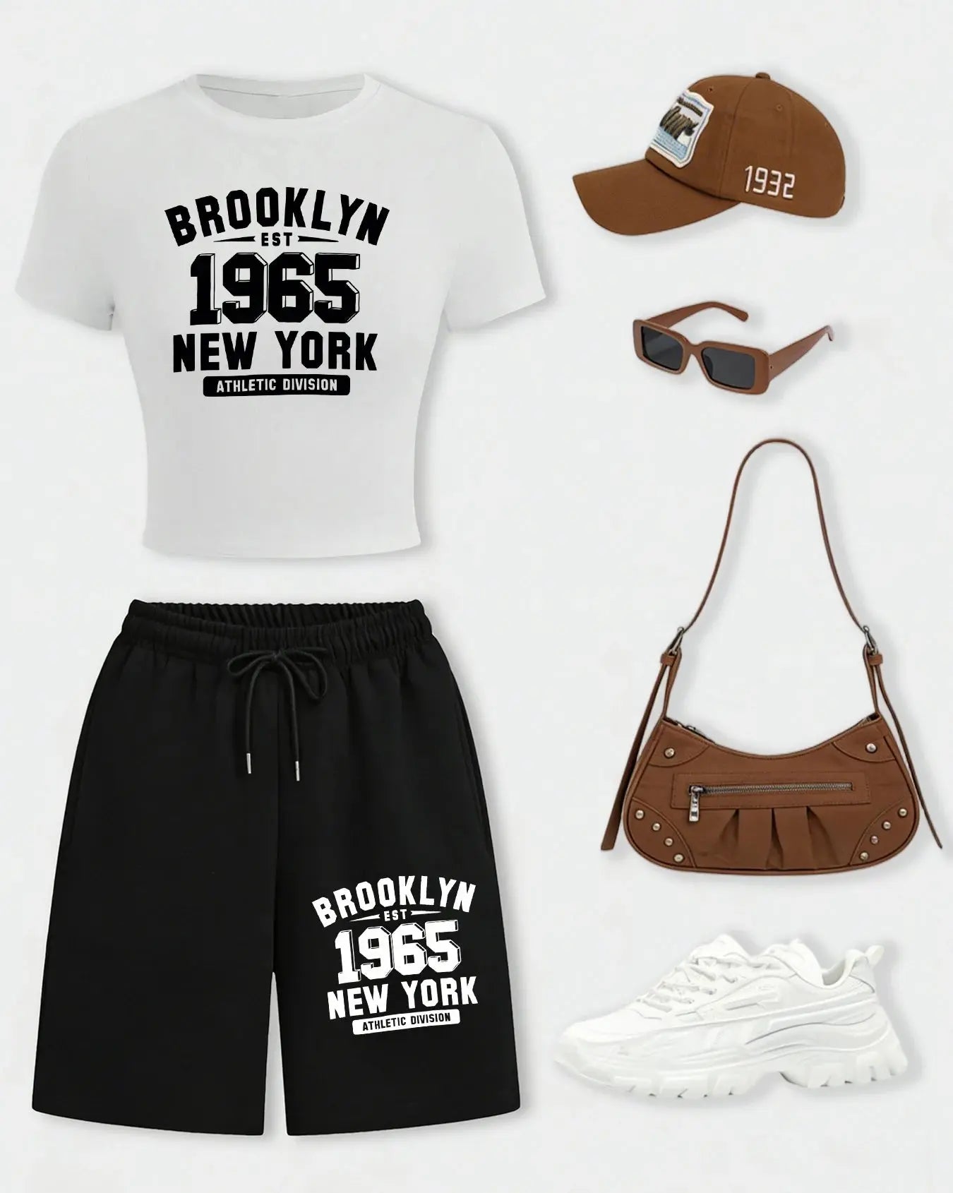 New York City Brooklyn 1965 Print Woman T-Shirt Suits Slim Cotton Crop T Shirt Summer Wide-Leg Shorts Drawstring Pocket Pant Aurexia off