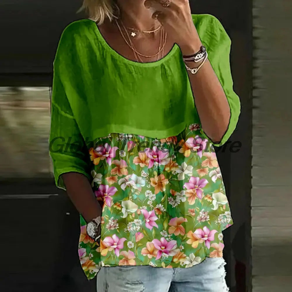 Women's Casual Floral Print 3/4 Sleeve Blouse Loose Fit Crew Neck Tunic Tops Lady's Top Shirts Aurexia off