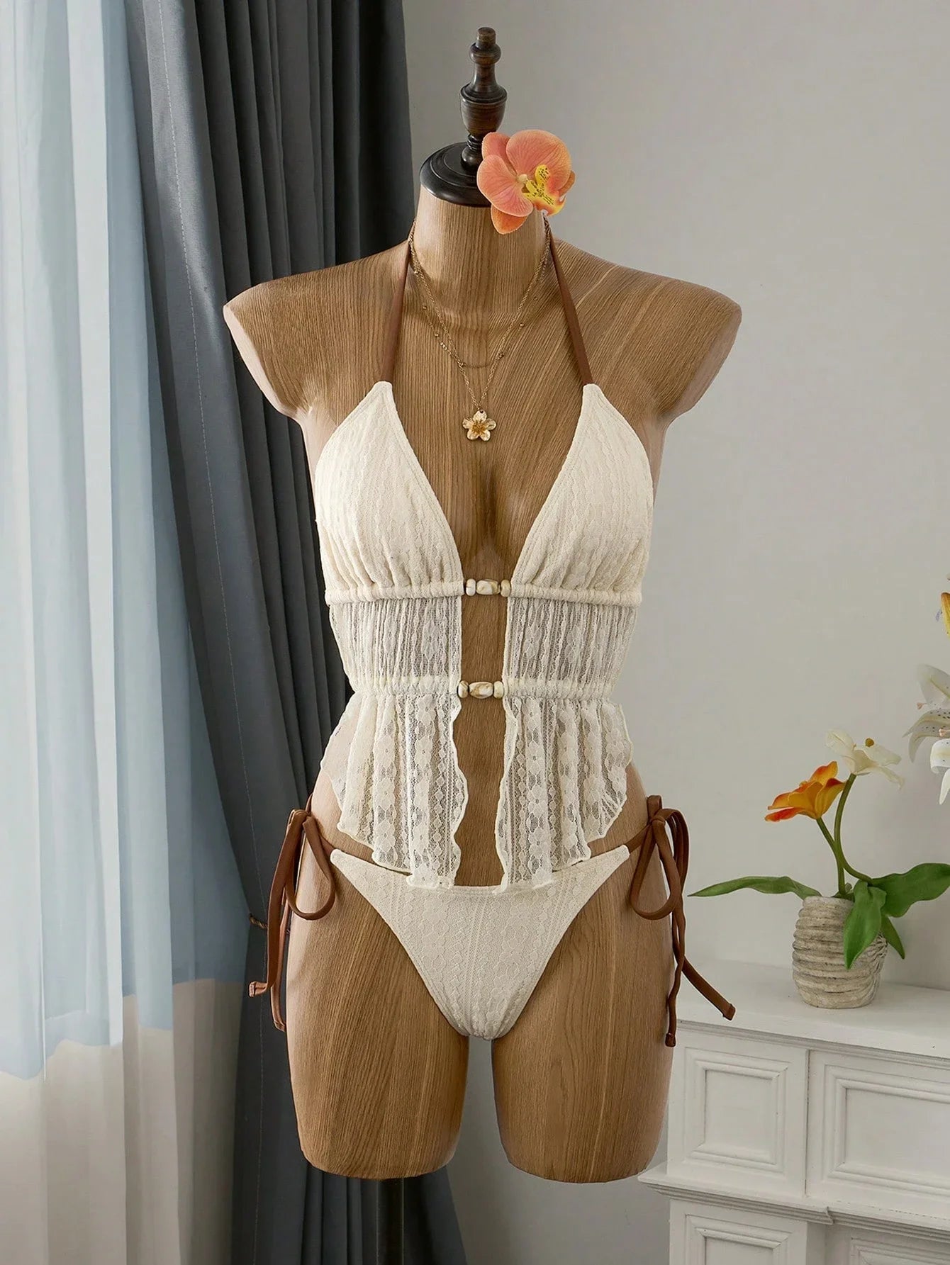 Cream Lace Halter Neck Tankini Set With Beaded Detail And Tie Side Bottoms Aurexia off