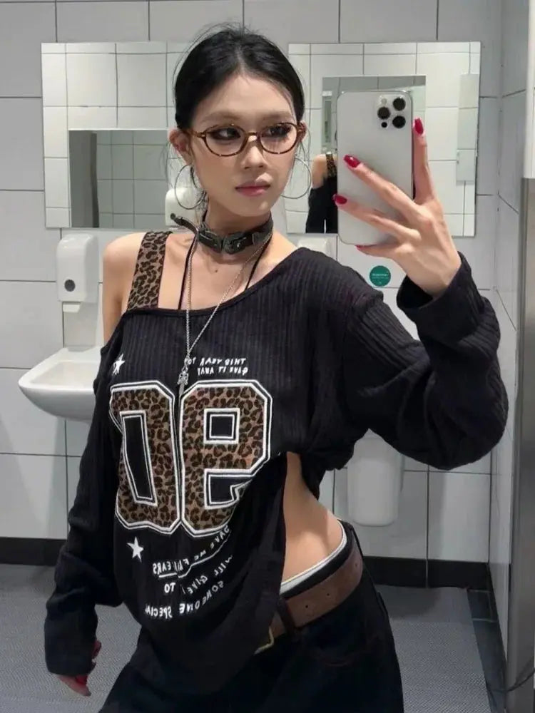 Y2K Patchwork Leopard Print T-Shirt Women Loose Streetwear Tee Grunge Casual Top Aurexia off