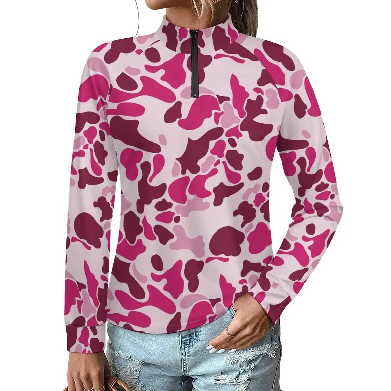 Hot Sale Custom Logo Fashion Ladies Form-fitting quick-drying clothes Snow Camo Print Zippered collar Long sleeves T-shirt Aurexia off