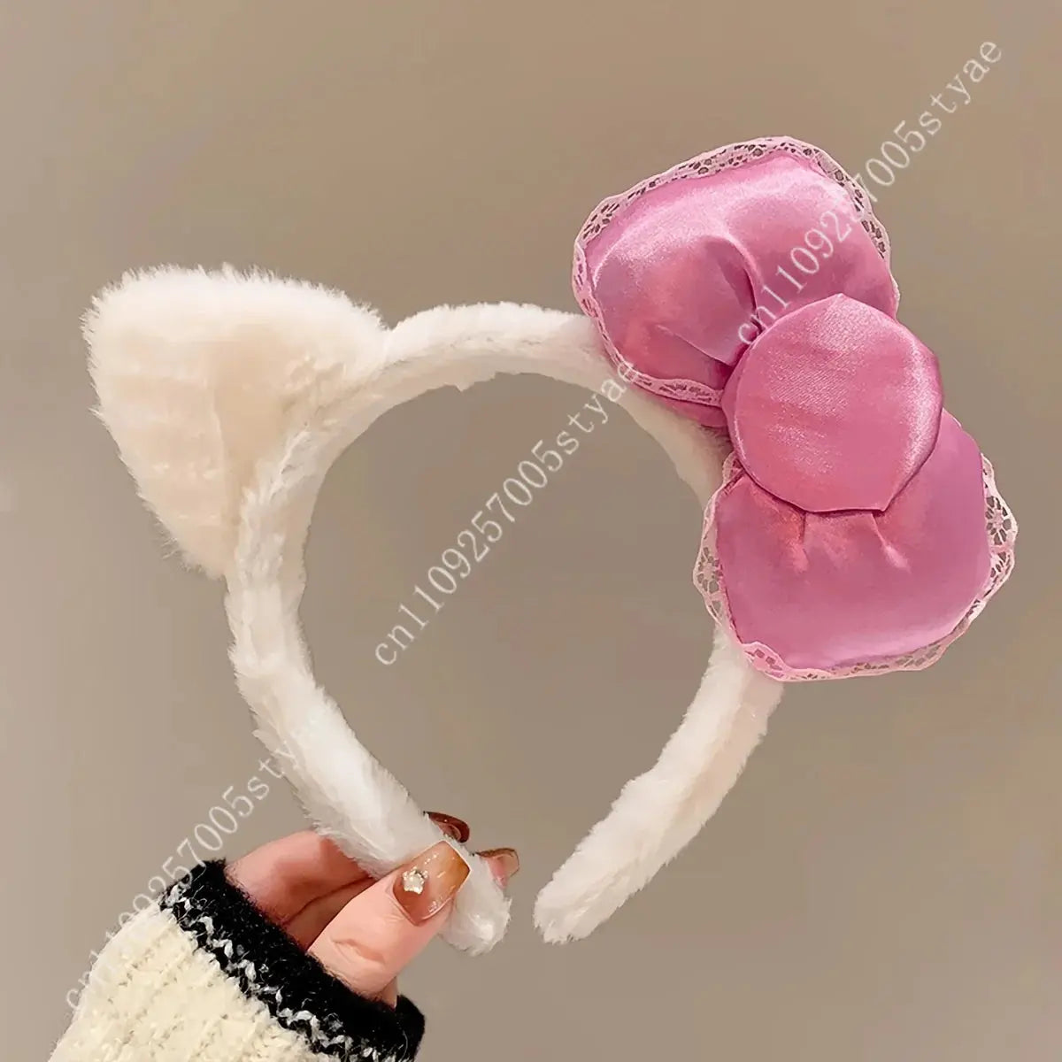 Hello Kitty Pink Bow Plush Headband  Women'S Cute and Comfortable Hair Accessory Suitable for Face Washing and Decoration Aurexia off