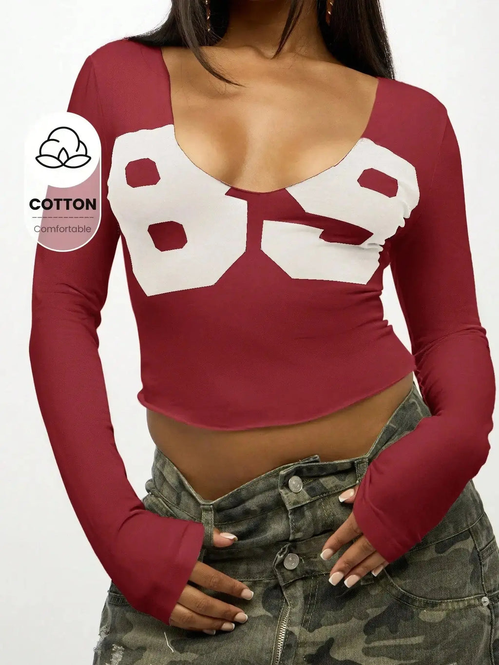 Women Long Sleeve Crop Top Graphic Print V Neck Fitted Cotton Casual Tee Aurexia off