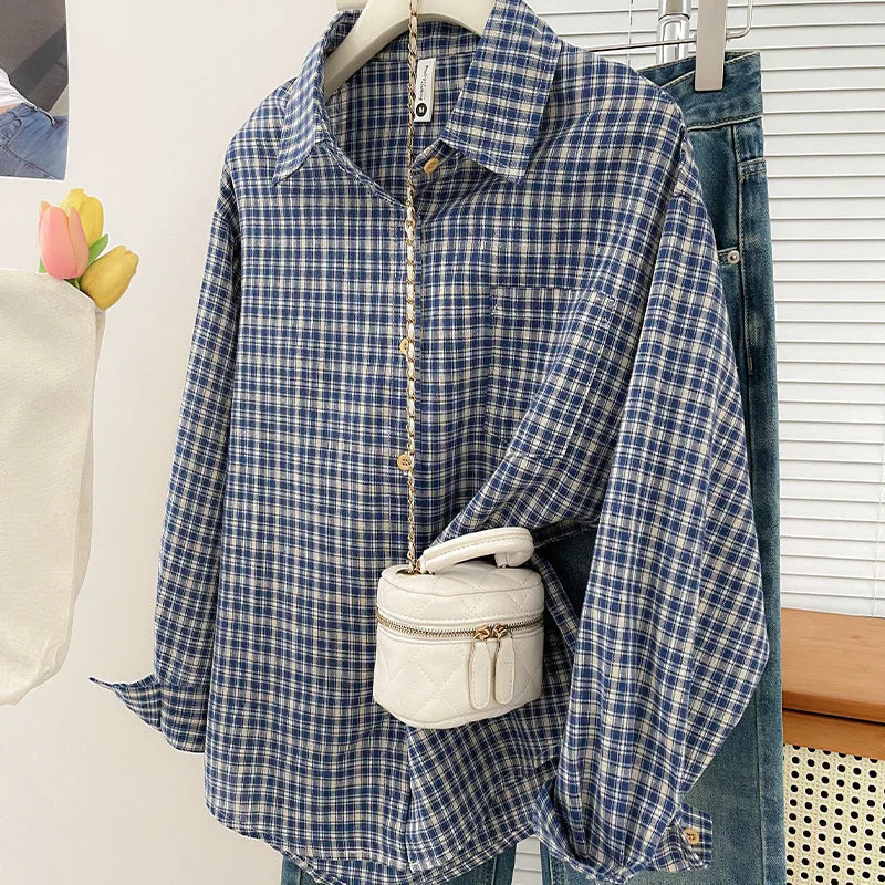 Korean-style Vintage Plaid Shirt New Spring And Autumn Casual Versatile Top Loose And Slimming Versatile College-style Shirt Aurexia off
