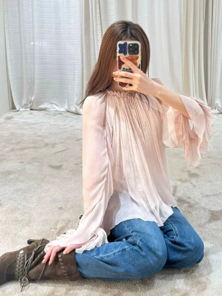 Lace ruffled loose top, stylish and high-end, versatile pink tops for women in 2026 summer collection Aurexia off