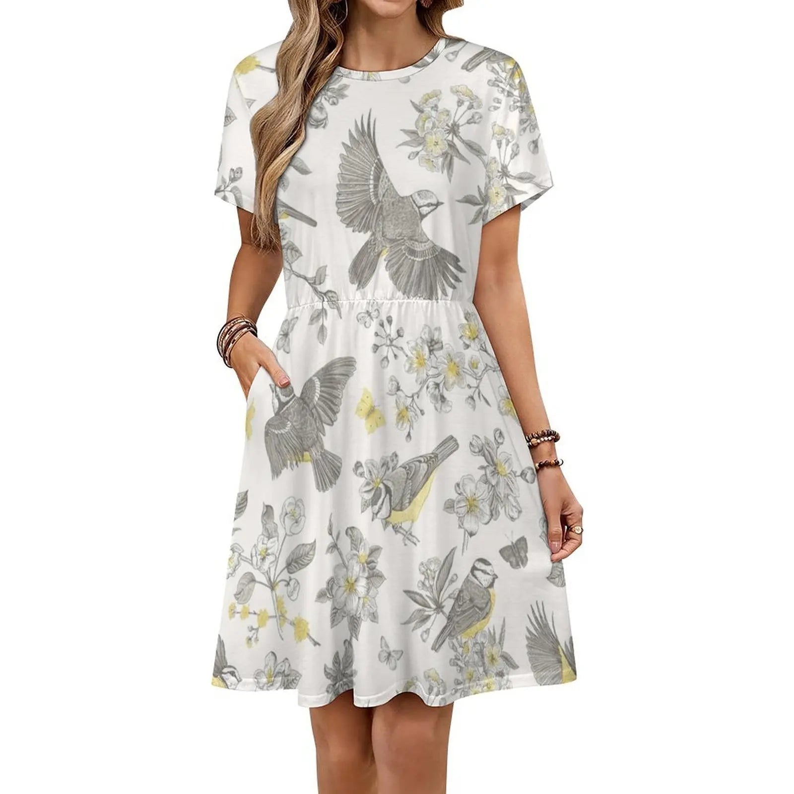 Vintage Yellow Grey Toile Birds French Country Women's Elegant Party Dress A-Line Dress With Short/Long/Sleeveless Options Aurexia off